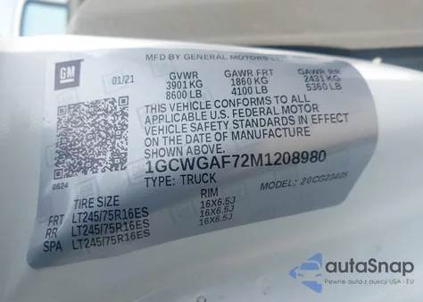 2021 Chevrolet Express Cargo Rwd 2500 Regular Wheelbase Wt from USA, damaged, VIN 1GCWGAF72M1208980